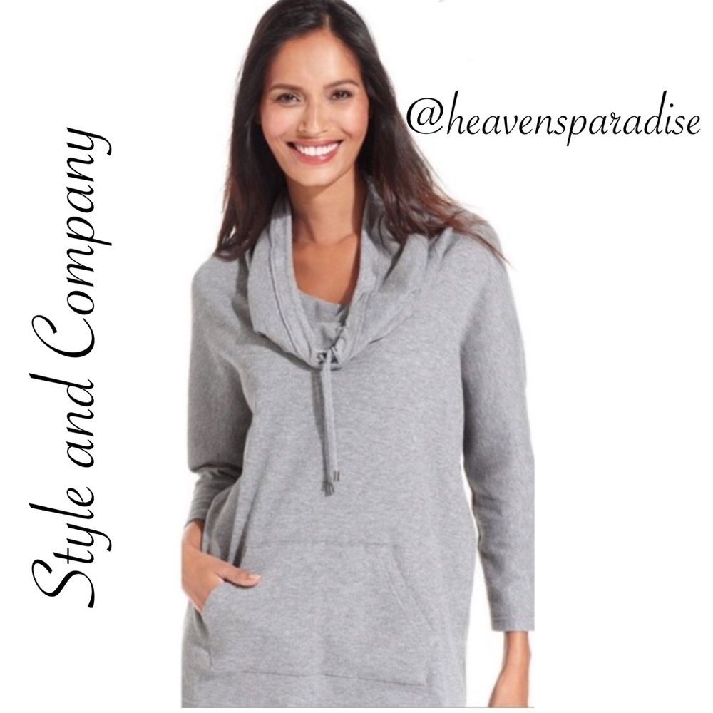 Style & Company white waffle knit three-quarter sleeve cowlneck tunic sweatshirt - Picture 8 of 10